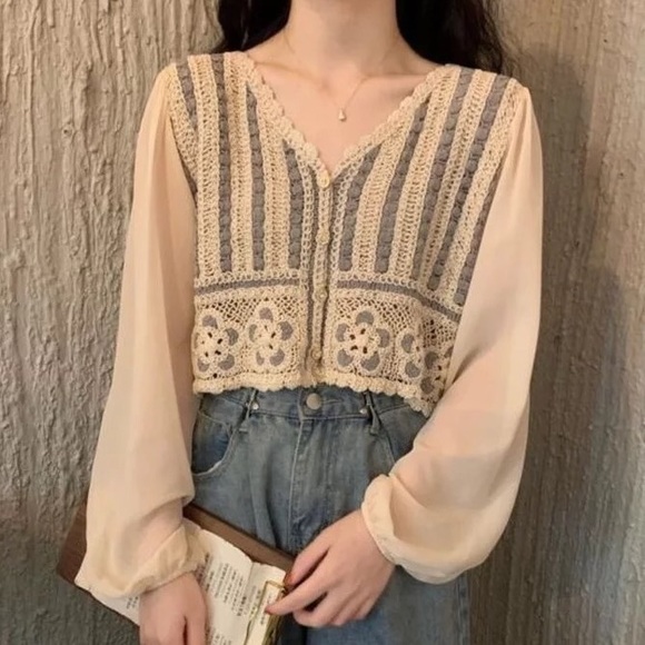 Floral Blouse crochet embroidery cropped French style knit chiffon puff cream - Picture 3 of 8